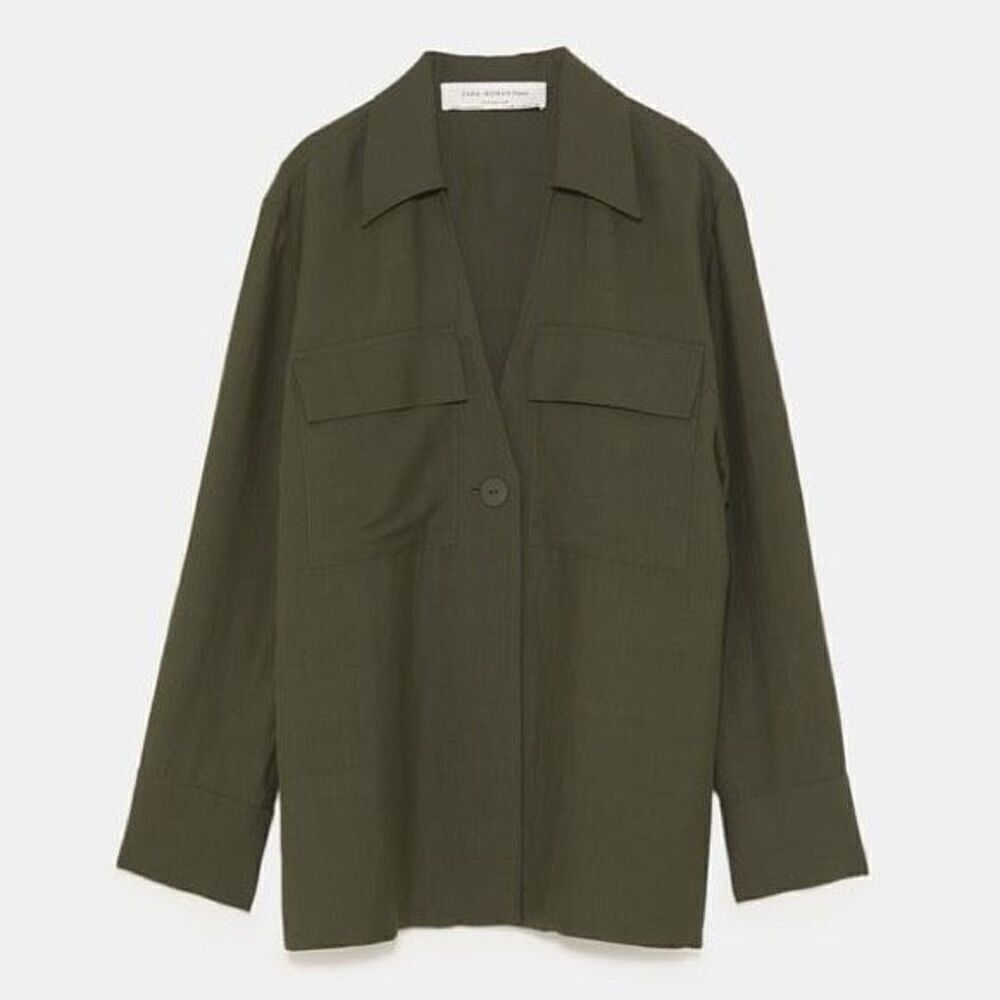 Zara Woman Studio Bottle Green Ramie Blend Single Button Flowy Shirt